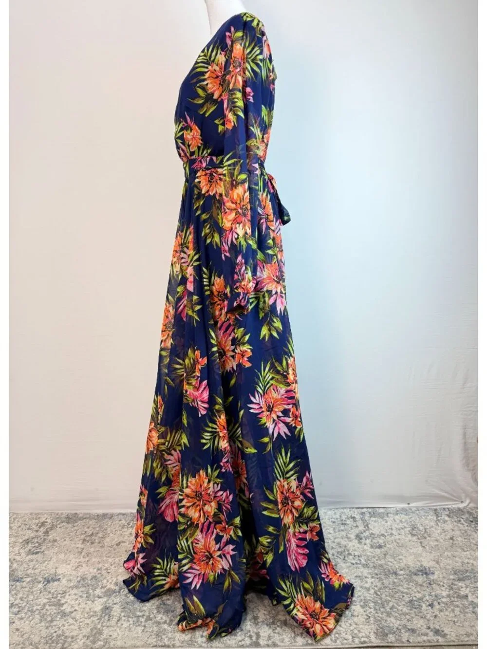 Renn Womens XL Tropical Floral Maxi Dress Blue Long Sleeve Belted NWT - Picture 5 of 16